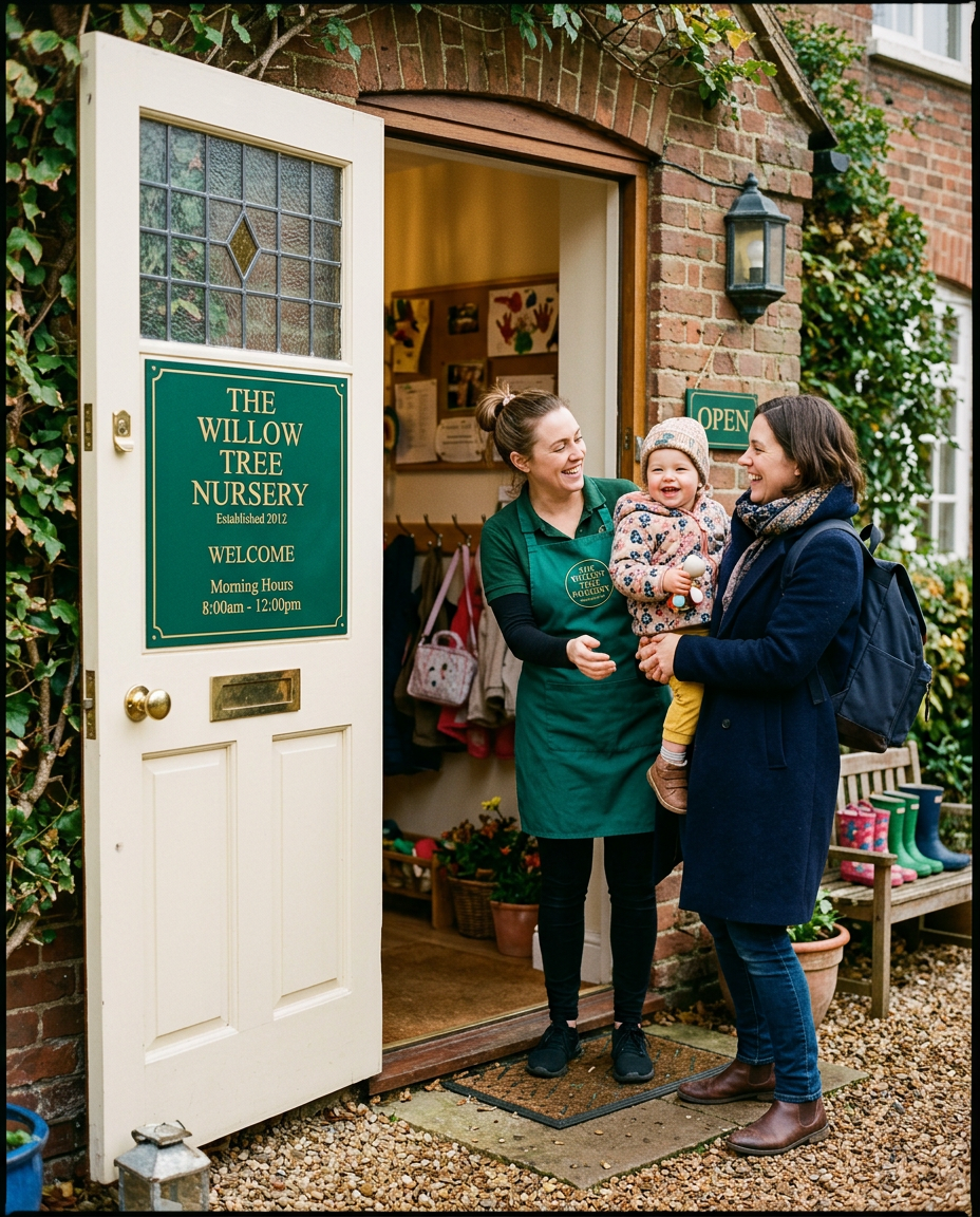 A parent handing over her toddler at nursery drop-off