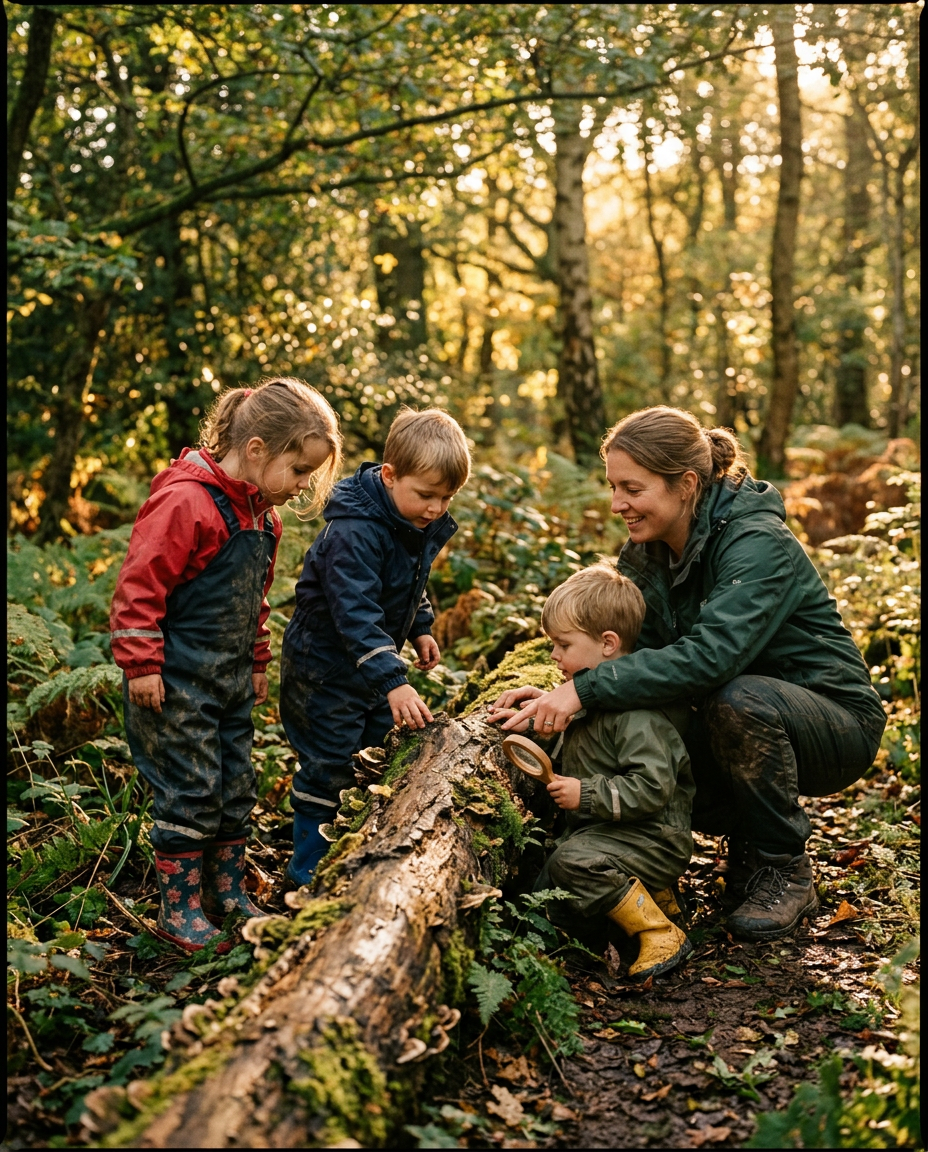 Forest school session with three preschoolers and a practitioner