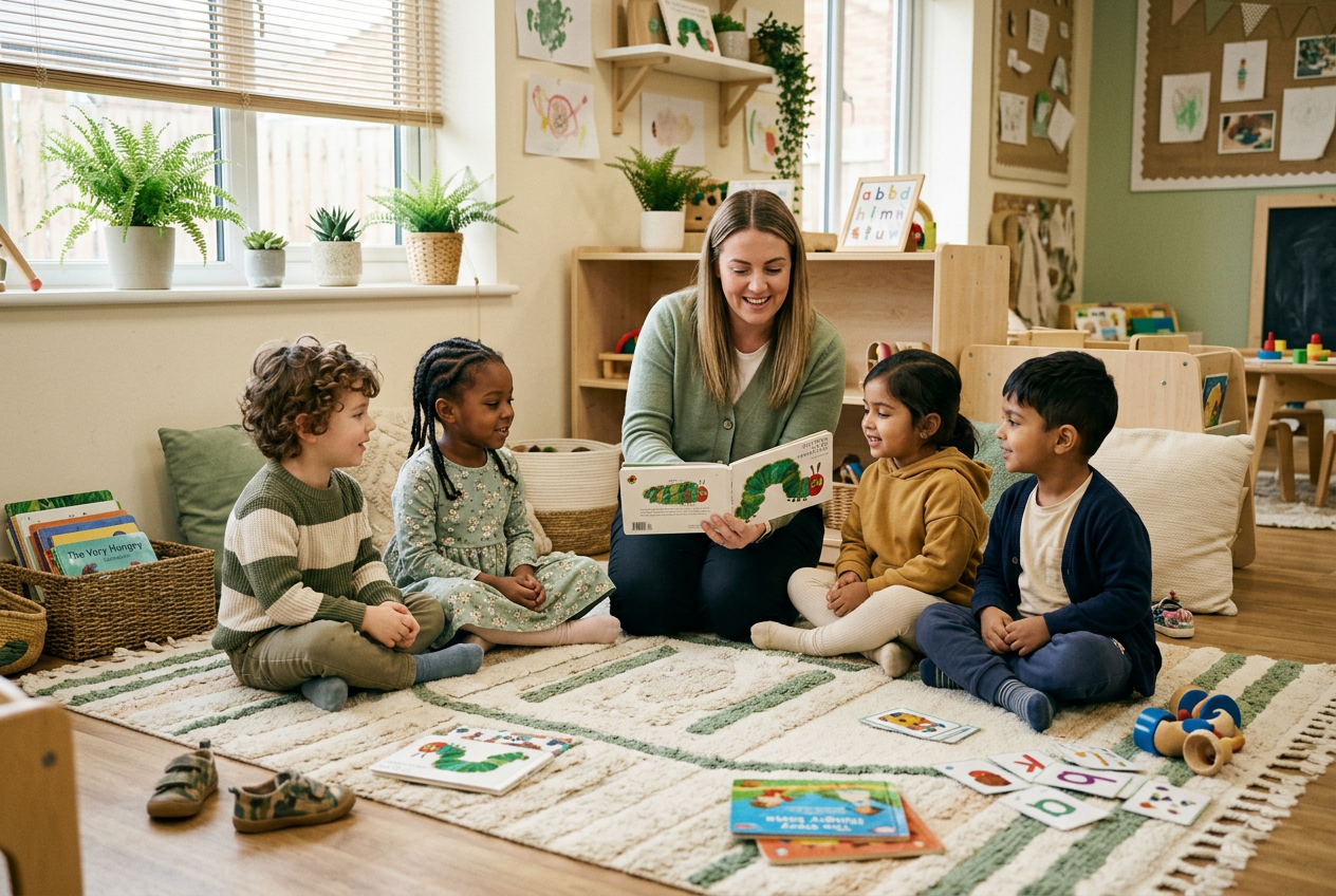 Story time on the rug at a UK nursery